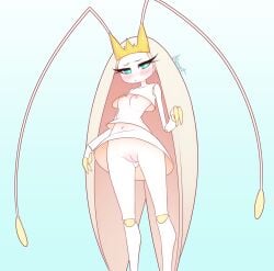 antennae athletic_female blonde_hair blue_background blue_eyes blush breasts closed_mouth colored_skin embarrassed feet_out_of_frame female fewer_digits humanized insect_girl kionant long_hair looking_at_viewer navel nipples pheromosa pokémon_(species) pokemon pokemon_(species) pussy signature skirt small_breasts solo standing ultra_beast uncensored very_long_hair white_skin white_skirt