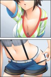 adjusting_clothes adjusting_panties belt black_hair blue_shorts breasts collarbone downblouse female head_out_of_frame hip_vent hololive hololive_gen_2 hololive_japan lips medium_breasts midriff multiple_views navel no_bra noise_(tsuzuki) oozora_subaru open_mouth panties panty_straps short_hair short_shorts short_sleeves shorts suspender_shorts suspenders underwear virtual_youtuber white_belt