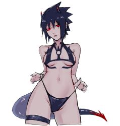 1girls bare_arms bare_shoulders blue_hair blue_nail_polish blue_nails blue_panties blue_thong breasts cleavage clothing female female_focus female_only g-string gender_transformation genderswap_(mtf) horns kooiko legwear long_fingernails long_nails looking_at_viewer nail_polish naruto naruto_(series) naruto_shippuden painted_nails panties panty_pull perky_breasts petite pinup pose posing red_eyes revealing_clothes rule_63 rule_63 sasuke_uchiha sasuko sexy_no_jutsu sharingan shounen_jump sideboob small_breasts solo solo_female solo_focus spiky_hair standing succubus tail thighs thong underboob voluptuous