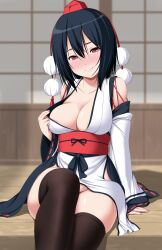 areola_slip areolae arm_support bare_shoulders black_hair blurry blurry_background blush breasts cleavage closed_mouth collarbone commentary_request commission detached_sleeves feet_out_of_frame female female hair_between_eyes hat head_tilt highres knee_up kourindou_tengu_costume large_breasts looking_at_viewer no_panties nori_tamago nose_blush obi official_alternate_costume outdoors pom_pom_(clothes) red_eyes red_headwear sash shameimaru_aya short_hair sitting skeb_commission sliding_doors smile solo sweat tassel thighhighs tokin_hat touhou white_robe wide_sleeves wooden_floor