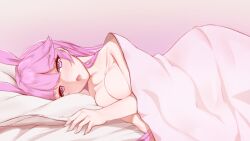 animal_ears bangs bed bed_sheet blush breasts commentary_request eyebrows_visible_through_hair female fox_ears gradient gradient_background hair_flaps highres honkai_(series) honkai_impact_3rd large_breasts long_hair looking_at_viewer lying nose_blush on_bed on_side open_mouth panties pillow pink_background pink_eyes pink_hair pink_panties pink_theme skindentation solo tiankong_pie_ai topless underwear very_long_hair yae_sakura