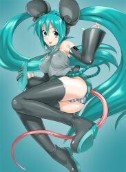 animal_ears ass bare_shoulders boots breasts clothing detached_sleeves erect_nipples erect_nipples_under_clothes female footwear green_eyes green_hair hatsune_miku kemonomimi_mode large_breasts long_hair mouse_ears mouse_tail necktie nipples panties pantsu poporon solo striped striped_panties striped_underwear tail thigh_boots thighhighs tied_hair tongue twintails underwear vocaloid