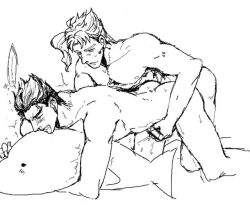 2boys anal anal_penetration anal_sex bar_censor blush blushing censored dolphin_plushie drooling gay handjob handjob_while_penetrating hugging_pillow hugging_plushie jojo's_bizarre_adventure jotaro_kujo male/male male_focus male_only male_penetrated noriaki_kakyoin nude_male penetration reach_around stardust_crusaders yaoi