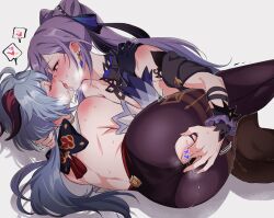 bare_back blue_hair blush censored closed_eyes fingering french_kiss ganyu_(genshin_impact) genshin_impact goat_horns grey_background hair_cones heart heart_censor horns keqing_(genshin_impact) keqing_(opulent_splendor)_(genshin_impact) kissing long_hair looking_at_another negom official_alternate_costume purple_hair saliva shoulder_blush simple_background sweat tongue tongue_out yuri