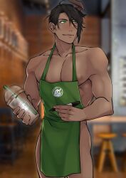 apron aragami_oga black_hair dark-skinned_male dark_skin demon demon_horns green_eyes holostars holostars_gen_3 holostars_japan horn horns iced_latte_with_breast_milk lpatatilla mafia_(holostars) male_only meme muscular muscular_male starbucks virtual_youtuber