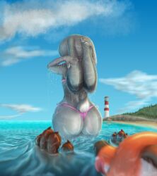 2021 4_fingers anthro ass beach bikini bikini_bottom bikini_top canid canine claws clothed clothing digital_media_(artwork) disney duo ears_back female finger_claws fingers fox fur grey_body grey_fur handpaw hi_res judy_hopps lagomorph leporid lighthouse male mammal nick_wilde orange_body orange_fur partially_submerged paws pivoted_ears rabbit rear_view sea seaside signature sneaking string_bikini swimsuit swimwear ukon_vasara unsuspecting water wet wet_body wet_fur zootopia zootropolis