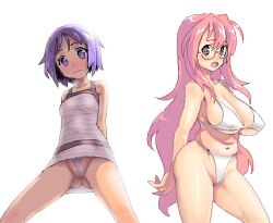 2girls bikini blush breasts large_breasts long_hair lucky_star megane miyuki_takara multiple_girls oekaki one-piece_swimsuit pink_eyes pink_hair plump poporon purple_eyes purple_hair swimsuit tsukasa_hiiragi wide_hips