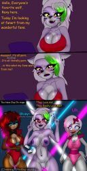 3girls angry animatronic anthro big_breasts breasts double_v exhibitionism eyelashes eyeliner female five_nights_at_freddy's five_nights_at_freddy's:_security_breach glamrock_chica_(fnaf) glamrock_freddy_(fnaf) heart-shaped_pupils huge_breasts multiple_girls public public_nudity roxanne_wolf_(fnaf) rule_63 shocked tagme text v zachthehedgehog97-2