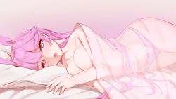 animal_ears bangs bed bed_sheet blush bow bow_panties breasts cameltoe commentary_request eyebrows_visible_through_hair female female fox_ears gradient gradient_background hair_flaps highres honkai_(series) honkai_impact_3rd large_breasts long_hair looking_at_viewer lying nose_blush on_bed on_side open_mouth panties pillow pink_background pink_eyes pink_hair pink_panties pink_theme see-through skindentation solo tiankong_pie_ai topless underwear underwear_only very_long_hair yae_sakura