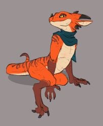 ambiguous_gender anthro citrus_(character) claws digitigrade flamespitter flat_chested gloves_(marking) grey_background hi_res horn kobold leg_markings markings mostly_nude orange_body orange_scales pupils scales scarf scarf_only simple_background slit_pupils smile smirk socks_(marking) stripes