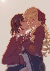 2girls blonde_hair brown_hair canon_couple claire_francois closed_eyes clothed_female color drill_hair female female_only hair_ribbon hand_on_neck hand_on_thigh i_favor_the_villainess kissing lesbian lesbian_couple lesbian_kiss lesbian_sex multiple_girls rae_taylor ribbon samizu_aya school_uniform schoolgirl shoulder_length_hair simple_background skirt watashi_no_oshi_wa_akuyaku_reijou yuri