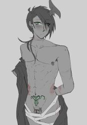 abs aragami_oga artist_request bandage bite_mark black_hair bruise chastity chastity_cage cutie_mark dark-skinned_male dark_skin demon demon_horns earrings green_eyes holostars holostars_gen_3 holostars_japan horn horns mafia_(holostars) male male_only muscular muscular_male nipple_piercing penis scars small_penis virtual_youtuber