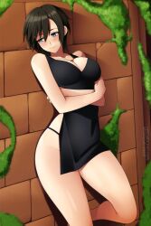 1girls black_dress black_hair black_panties blue_eyes blush breasts cleavage closed_mouth collarbone commission disney dress kingdom_hearts large_breasts lindaroze looking_away moss panties short_hair smile solo square_enix thighs underwear wall xion