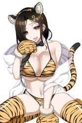 :p animal_ears animal_hands animal_print bangs bikini black_bow black_bowtie black_hair bow bowtie bowtie_collar breasts brown_eyes chinese_zodiac cleavage closed_mouth collar commentary detached_collar fake_animal_ears fake_tail female gloves hair_ornament hairclip halterneck kneeling koishikawa large_breasts long_hair looking_at_viewer navel nijisanji paw_gloves paw_pose print_bikini print_gloves print_legwear shawl shirayuki_tomoe side-tie_bikini simple_background smile solo swept_bangs swimsuit tail thighhighs tiger_ears tiger_print tiger_tail tongue tongue_out virtual_youtuber white_background white_collar wing_collar year_of_the_tiger yellow_bikini yellow_gloves yellow_legwear