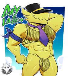 1boy 2018 a_hat_in_time abs anthro avian balls big_muscles bird bulge clothing elfein fishnet fishnet_topwear fishnet_underwear genitals hand_behind_head hat headgear headwear heart highres male male_only muscular muscular_anthro muscular_male navel necktie nipples pecs penis purple_necktie signature smile solo standing text the_conductor underwear yellow_balls yellow_body yellow_penis