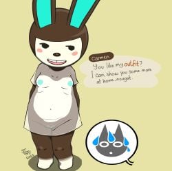 2022 abstract_background animal_crossing anthro blue_nipples blush breasts buckteeth carmen_(animal_crossing) emote female nintendo nipples pussy rabbit saintstay see-through_clothing small_breasts thick_thighs thighs unseen_character villager_(animal_crossing)