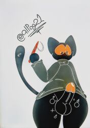 absurd_res alpog21_(artist) anthro balls big_balls big_eyes black_balls bodily_fluids clothing domestic_cat erection felid feline felis genital_fluids genitals google google_doodle hi_res magic_cat_academy male male_only mammal momo_(google) penis penis_tip precum solo thick_thighs wand