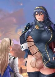 1futa 1girls balls bare_thighs big_balls blue_eyes blue_hair breasts censored clothed clothing corrin_(fire_emblem) corrin_(fire_emblem)_(female) curvy duo erection female fire_emblem fire_emblem_awakening fire_emblem_fates futa_focus futanari huge_breasts huge_cock human larger_futanari light-skinned_futanari light_skin long_hair lucina_(fire_emblem) mostly_clothed nintendo penis size_difference smaller_female smile super_smash_bros. thick_thighs thighs tiara villiers_hyunou