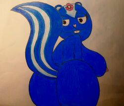 ass blue_fur butt female flower_on_head happy_tree_friends heart_nose mephitid nipples petunia petunia_(htf) pink_petals skunk traditional_media_(artwork)