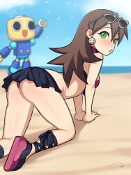 1girls aldharoku all_fours ass beach bikini blush breasts brown_hair female green_eyes mega_man mega_man_legends mega_man_x_dive servbot summer sunglasses_on_head swimsuit thick_thighs thighs tron_bonne