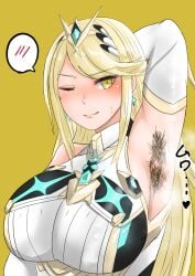 1girls alternate_breast_size armpit_fetish armpit_hair armpits blonde_hair breasts earrings female female_only huge_breasts long_hair looking_at_viewer mythra_(xenoblade) nintendo one_eye_closed solo_female steamy_armpits sweat villiers_hyunou wink xenoblade_(series) xenoblade_chronicles_2 yellow_background yellow_eyes