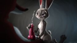 absurd_res anthro balls bodily_fluids canid canine cum digital_media_(artwork) disney duo ejaculating_cum ejaculation erection female flat_chest fox fur genital_fluids genitals handjob hi_res judy_hopps lagomorph leporid male mammal nick_wilde nude penis rabbit simple_background smile twilightchroma widescreen zootopia zootropolis