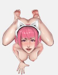 ai:_the_somnium_files cat_ear_headphones heart-shaped_pupils iris_sagan kneeling nude_female pink_hair solo