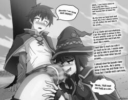 1boy 1girls absurd_res blush bulge bulge_sniffing cape dialogue female female_pervert fingerless_gloves flaccid greyscale hat high_resolution horny_thoughts huge_cock kono_subarashii_sekai_ni_shukufuku_wo! megumin monochrome no_pants satou_kazuma short_hair skuddbutt smell_fetish smelling_penis sniffing sniffing_penis sniffing_penis_through_clothes sniffing_through_clothes speech_bubble sweat text thighs underwear witch_hat