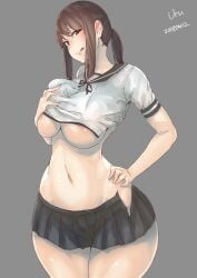 alternate_breast_size artist_name blush breasts brown_eyes brown_hair curvy dated female fubuki_(kantai_collection) grey_background grey_skirt hand_on_hip highres kantai_collection large_breasts looking_at_viewer medium_hair navel nipple_slip nipples older pleated_skirt ponytail sailor_collar school_uniform self_fondle serafuku shirt short_sleeves sidelocks simple_background skirt smile solo thick_thighs thighs tongue tongue_out torn_clothes torn_shirt torn_skirt underboob undersized_clothes upper_body uru_(uru0000) wide_hips