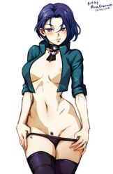 1girls 2022 artist_name bangs bare_shoulders belt black_panties blue_hair blush breasts choker cleavage collarbone curvy dated female female_only fire_emblem fire_emblem:_three_houses green_jacket hair_behind_ear hair_between_eyes hand_on_hip jacket large_breasts looking_at_viewer minacream navel nintendo nipple_slip nipples open_clothes open_jacket panties pants partially_undressed pubic_hair pulled_by_self purple_eyes shamir_nevrand short_hair simple_background solo stomach thigh_boots thighhighs thighs underwear undressing white_background