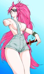 amputated_arm amputee baiken bare_legs big_breasts breasts busty cleavage eyepatch female female_focus female_only guilty_gear hourglass_figure long_hair naked_overalls no_bra one_arm one_eye overalls pink_hair ponytail scar sideboob solo standing tagme wide_hips