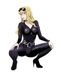 amber_jin bangs blonde_hair blue_eyes catsuit choker cowboy_bebop curls eyewear_on_head female female_only heels julia_(cowboy_bebop) leather skintight skintight_bodysuit squatting sunglasses sunglasses_on_head white_background