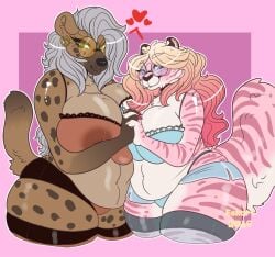 anthro breasts clothing duo eyewear ezukapizumu felid female glasses hair hyaenid lingerie mammal marzipan_(spottedtigress) pantherine silver_(ezukapizumu) tiger