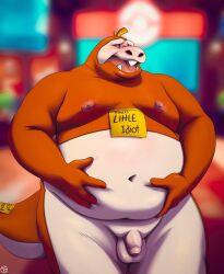 2022 anthro balls belly big_belly blush english_text fat flaccid fuecoco game_freak genitals hi_res humanoid_genitalia humanoid_hands humanoid_penis indoors male male_only moobs navel nintendo nipples obese obese_male overweight overweight_male penis pokémon_(species) pokemon pokemon_sv post-it_note red_body solo text trashtoonz video_games