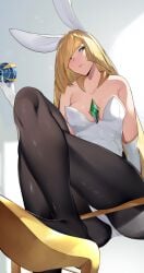 bare_shoulders black_legwear blonde_hair blue_eyes breasts bunny_ears bunny_girl bunnysuit heels looking_down lusamine_(pokemon) milf pantyhose pokemon pokemon_sm sitting tagme yuuyuu_(yuuki1771)