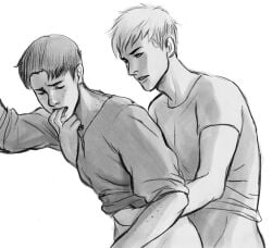 2boys anal_sex attack_on_titan brunet chest_grab eatingdrawingreading fingers_in_mouth freckles from_behind gay gay_sex greyscale jean_kirstein male_only marco_bodt shingeki_no_kyojin shirt_only standing_sex sucking_fingers