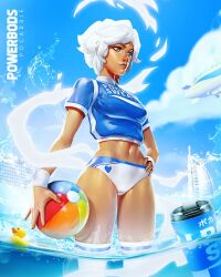 1girls blue_eyes clothed hand_on_hip n3tninja personification pocari_sweat solo tankini thighhighs toned toned_female volleyball volleyball_uniform wading water white_hair