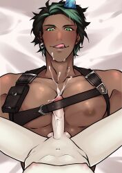 2boys aragami_oga belt black_hair cum cum_on_chest cum_on_face dark-skinned_male dark_skin demon demon_horns gay green_eyes green_hair holostars holostars_gen_3 holostars_japan horn horns kageyama_shien lpatatilla mafia_(holostars) male male_only multicolored_hair muscular muscular_male paizuri pecs pectorals penis pov solo_focus virtual_youtuber yaoi