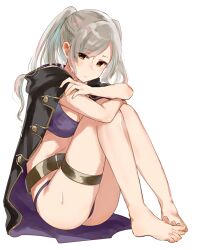 1girls alternate_hairstyle barefoot belt bikini breasts brown_eyes cleavage closed_mouth coat crossed_arms female_only fire_emblem fire_emblem_awakening fire_emblem_heroes haru_(nakajou-28) knees_up looking_at_viewer medium_breasts nintendo official_alternate_costume purple_bikini robin_(female)_(summer)_(fire_emblem) robin_(fire_emblem) robin_(fire_emblem)_(female) simple_background sitting solo swimsuit thigh_strap twintails white_background white_hair