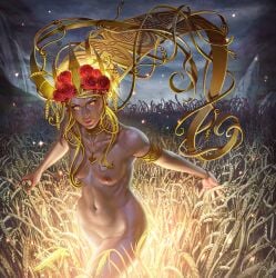 1girls armband belly_button breasts crown deity detailed_background european_mythology female female_only field glowing goddess looking_at_viewer mythology naked_jewelry necklace nipples norse_mythology nude nude_female public_domain realistic rose_(flower) saraforlenza sif toned_female tongue wheat