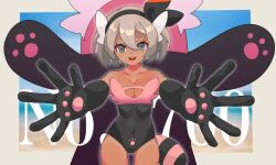 bea_(pokemon) bewear bewear_(cosplay) blue_eyes cosplay dark-skinned_female dark_skin female game_freak grey_hair gym_leader katwo leotard nintendo paw_gloves pokémon_(species) pokemon pokemon_(cosplay) pokemon_ss reaching_out reaching_towards_viewer