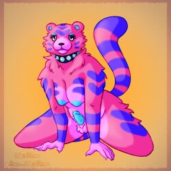 1futa alpha_werehimbo animal_crossing anthro breasts claudia_(animal_crossing) collar felid fur futanari genital_piercing genitals gynomorph hi_res intersex mammal nintendo pantherine penis penis_piercing piercing pink_body pink_fur slightly_chubby solo studded_collar tiger video_games