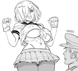 1boy abs admiral_(kantai_collection) bb_(baalbuddy) breasts covered_nipples cowboy_shot cropped_shirt english_text female gloves greyscale groin hair_ornament hair_over_one_eye hairclip hamakaze_(kantai_collection) hands_up hat highres kantai_collection large_breasts looking_down miniskirt monochrome navel neckerchief nipple_bulge one_eye_covered open_mouth panties pantyhose pantyshot peaked_cap pleated_skirt school_uniform serafuku short_hair short_sleeves simple_background skirt smile solo_focus standing sweatdrop thigh_gap toned topwear underboob underwear upshirt upskirt white_background