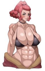 abs alternate_breast_size big_breasts bikini blush breasts choker collarbone hair_tie huge_breasts looking_at_viewer muscular_female navel nipples_visible_through_clothing perilla_(pokemon) pokemon pokemon_legends:_arceus red_hair smile undressing yamadare zisu_(pokemon)