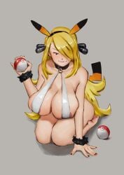 alternate_breast_size areola_slip areolae big_breasts blonde_hair bracelet breasts cosplay cynthia_(pokemon) female game_freak grey_background hair_over_one_eye holding_object huge_breasts kamishisho large_breasts long_hair nintendo nipple_peek o-ring pikachu_(cosplay) pokeball pokemon pokemon_(cosplay) sitting smile solo solo_female