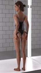 1girls 3d 3d_(artwork) ass back_view bare_arms bare_legs bare_shoulders bare_thighs barefoot brown_hair countscache3d ellie_(the_last_of_us) ellie_williams female female_focus female_only freckles green_eyes hi_res naughty_dog one-piece_swimsuit shiny_skin short_hair sideboob solo solo_female solo_focus sony_interactive_entertainment standing swimsuit tattoo the_last_of_us the_last_of_us_2 tied_hair wet_skin