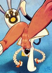 1girls blazblue cat_ears cat_tail catgirl exposed_breasts exposed_pussy female handstand my_pet_tentacle_monster taokaka upside-down