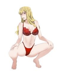 amber_jin bangs blonde_hair blue_eyes bra cowboy_bebop curls feet female female_only julia_(cowboy_bebop) lingerie panties squatting white_background