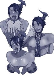 aragami_oga black_hair cum cum_in_mouth cum_on_face dark-skinned_male dark_skin demon demon_horns green_eyes holostars holostars_gen_3 holostars_japan horn horns lpatatilla mafia_(holostars) male_only monochrome muscular muscular_male tongue tongue_out virtual_youtuber