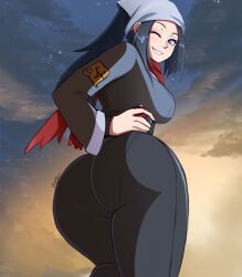 1girls akari_(pokemon) ass ass_focus black_hair blue_eyes blush breasts clothed female game_freak hankerchief looking_at_viewer looking_back nintendo pokeball pokemon pokemon_legends:_arceus scarf sideboob smile tight_clothing tsunsune wink